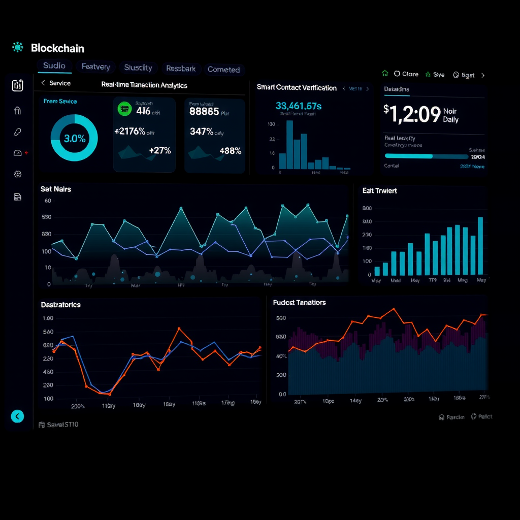 Advanced blockchain data visualization dashboard showing real-time transaction analytics, network activity graphs, and smart contract verification interface with dark mode design and teal accent highlights