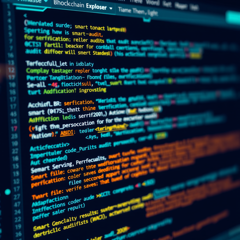 Detailed view of smart contract source code being verified on a blockchain explorer interface, showing code syntax highlighting, verification status indicators, and security audit results with teal accent highlights