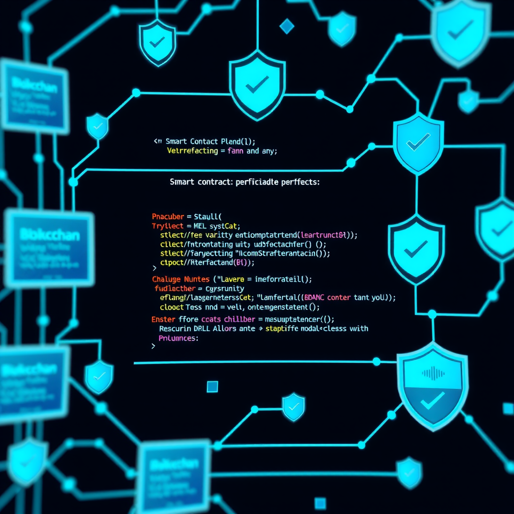 Detailed illustration showing smart contract code verification process with blockchain nodes, code snippets, checkmarks, and security shields in teal and blue colors on dark background