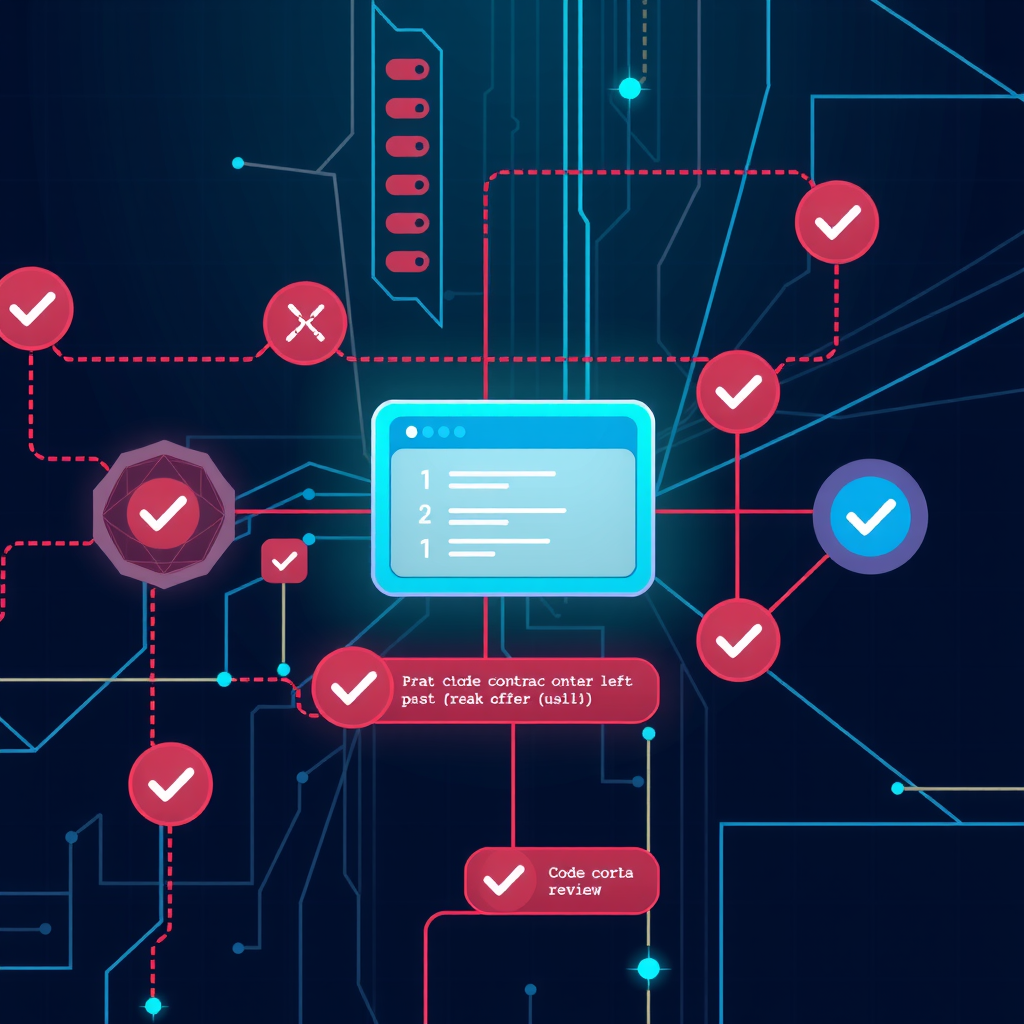 Illustration showing smart contract verification workflow with code review, blockchain network nodes, and verification checkmarks on a dark technical background with teal and blue accents