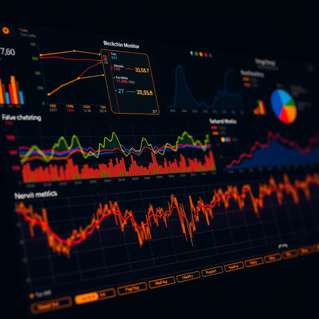 Advanced blockchain monitoring dashboard displaying real-time transaction flows, network metrics, and analytical visualizations with glowing data streams and interactive charts on dark interface