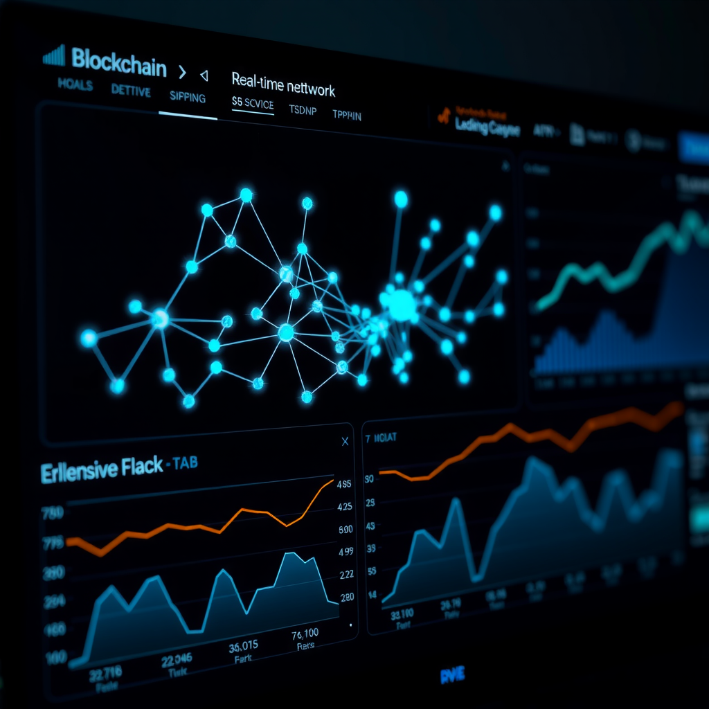 Modern blockchain data visualization dashboard showing interactive network graphs, transaction flow diagrams, and real-time analytics with glowing teal and blue data points connected by flowing lines against a dark interface
