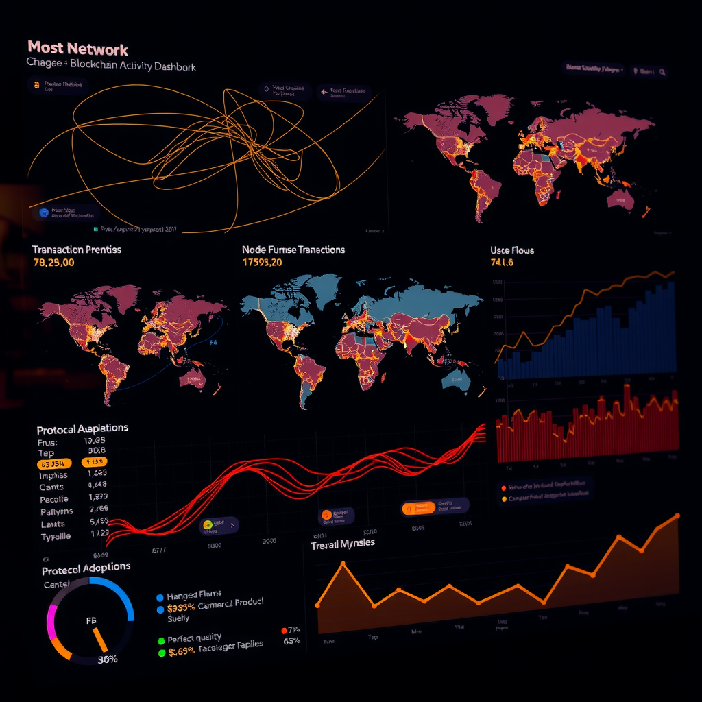 Comprehensive blockchain network activity dashboard displaying real-time transaction flows, node distribution maps, protocol adoption metrics, and trend analysis charts with glowing data visualizations on dark interface