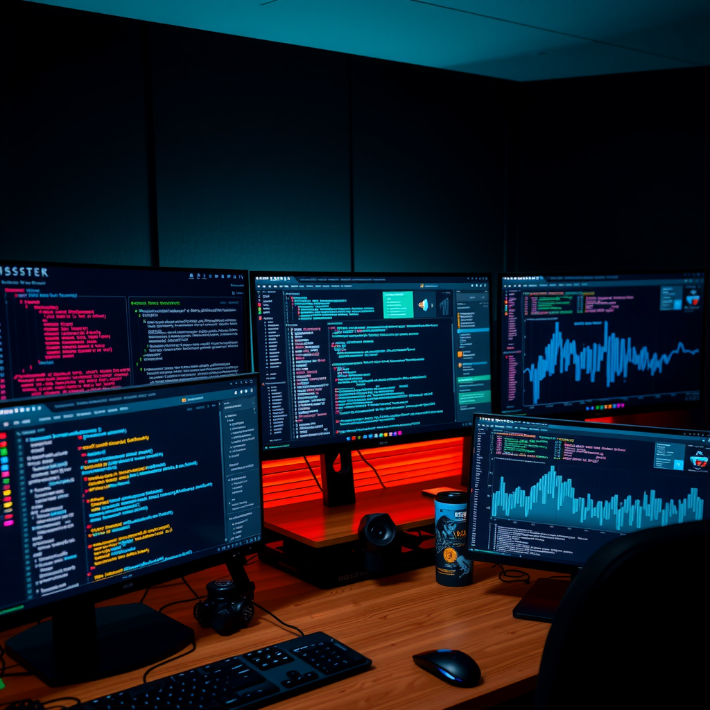Modern developer workspace showing multiple monitors displaying blockchain explorer interfaces, API documentation, and code editors with syntax highlighting. The screens show real-time transaction data, smart contract debugging tools, and network analytics dashboards with glowing teal and blue data visualizations against dark backgrounds.