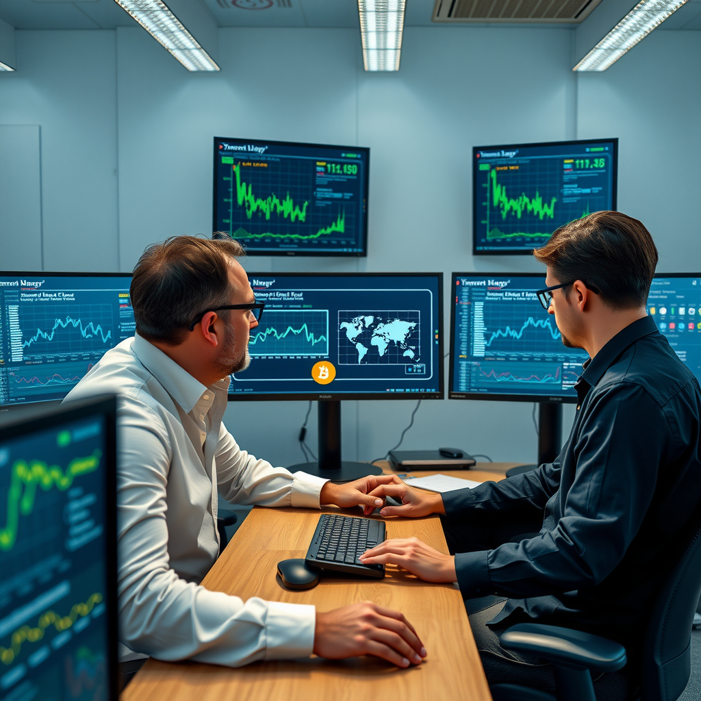 Professional team of blockchain developers, data analysts, and researchers collaborating on blockchain data analysis using XRCScan platform with multiple monitors showing transaction data and smart contract verification