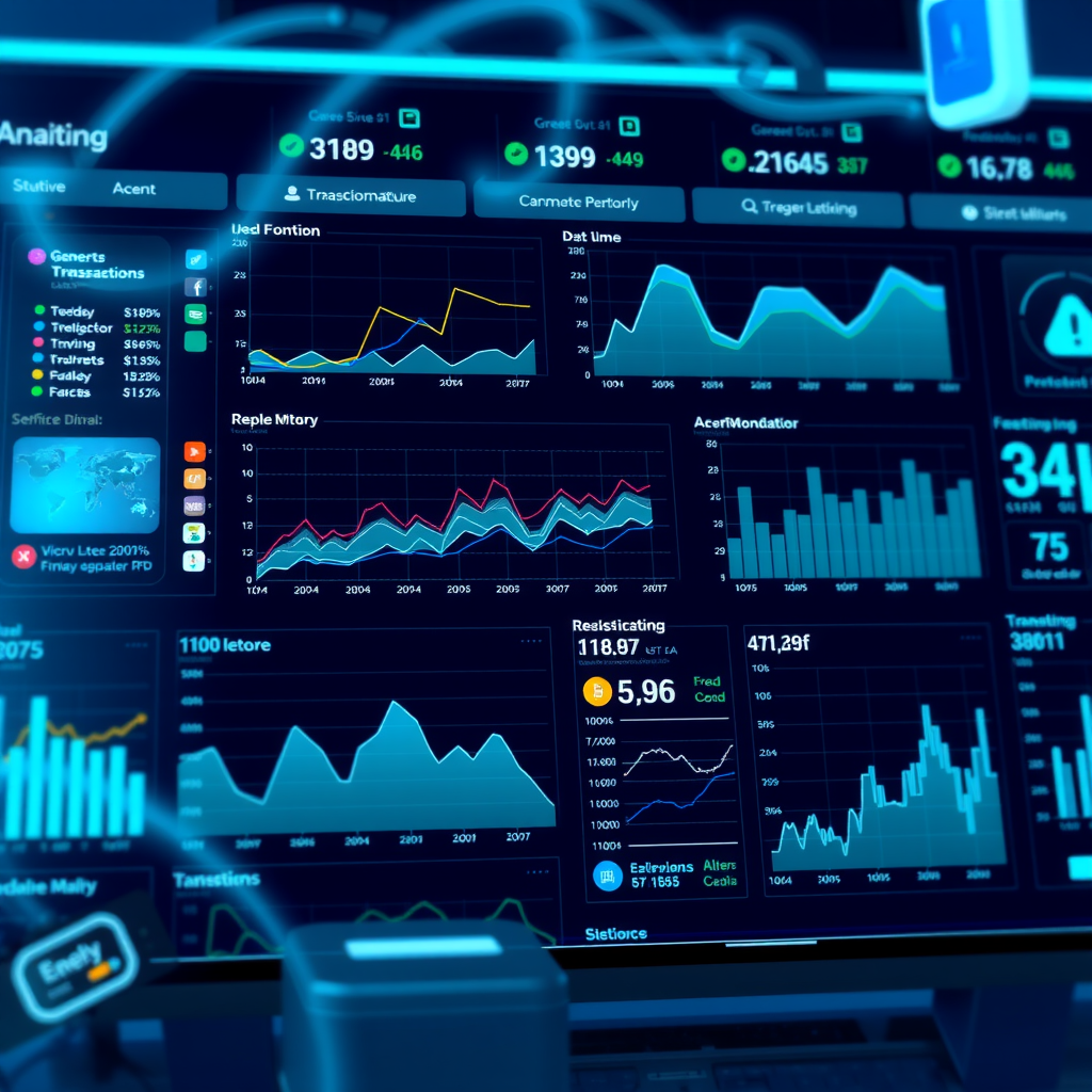 Advanced blockchain analytics dashboard displaying real-time transaction monitoring with flowing data streams, network graphs, alert notifications, and statistical charts in electric blue and teal color scheme