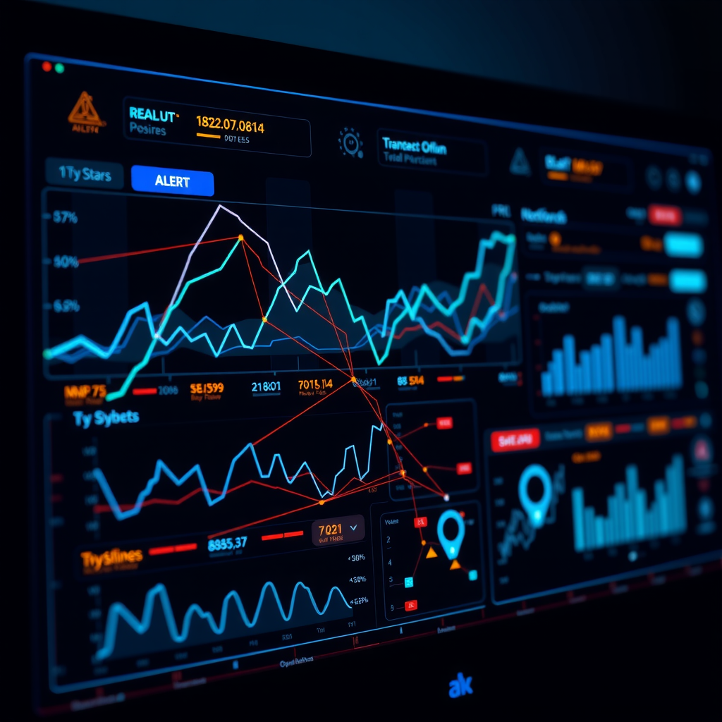 Dynamic visualization of real-time blockchain transaction monitoring dashboard with flowing data streams, alert notifications, analytics graphs, and network nodes in electric blue and teal on dark interface