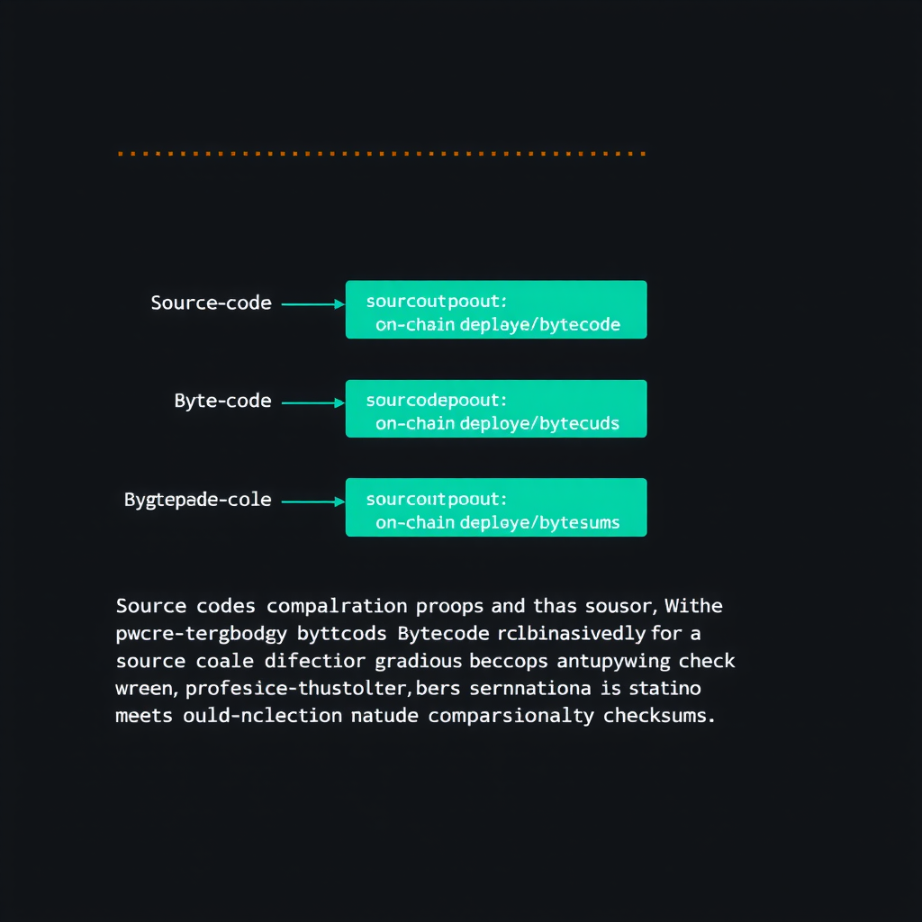 Technical diagram showing source code compilation process, bytecode generation, and comparison with on-chain deployed bytecode, with matching checksums highlighted in teal
