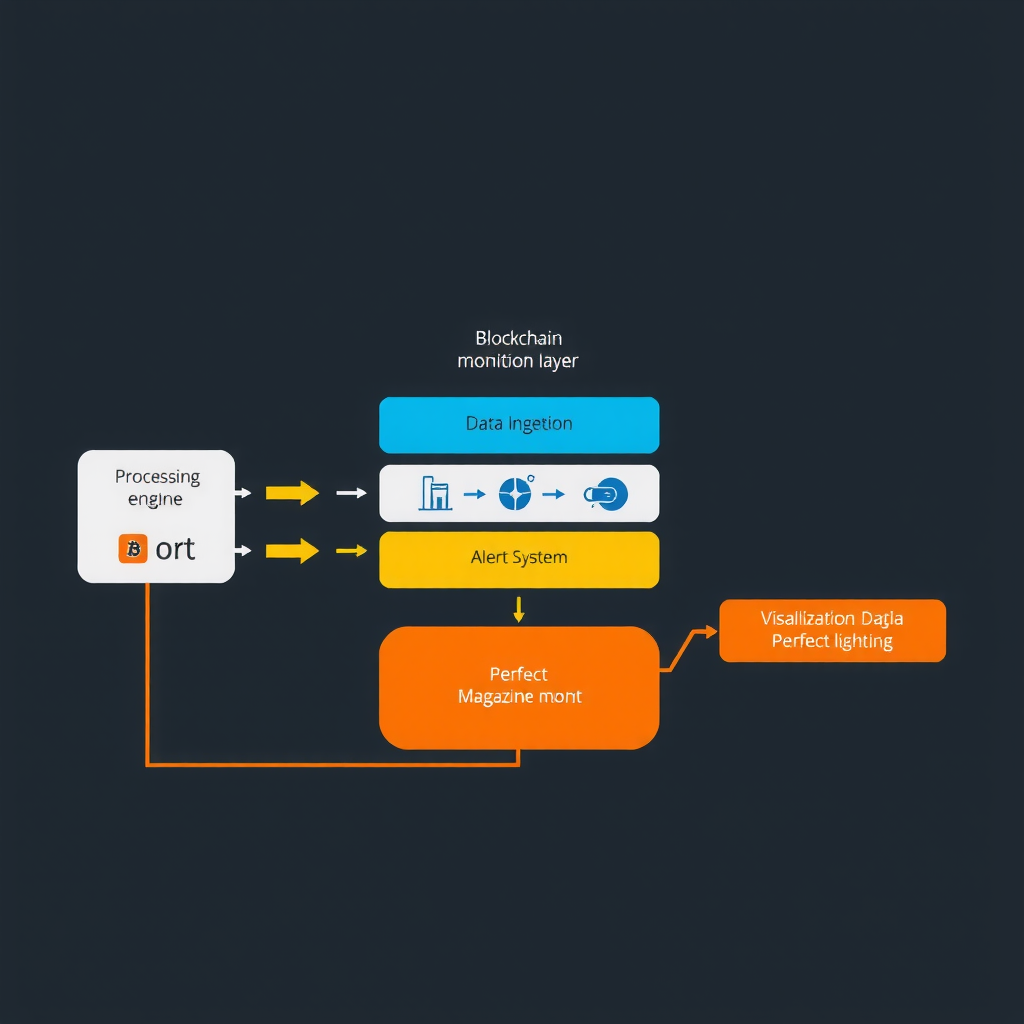 Technical architecture diagram showing blockchain transaction monitoring system components including data ingestion layer, processing engine, alert system, and visualization interface with data flow arrows and connection points