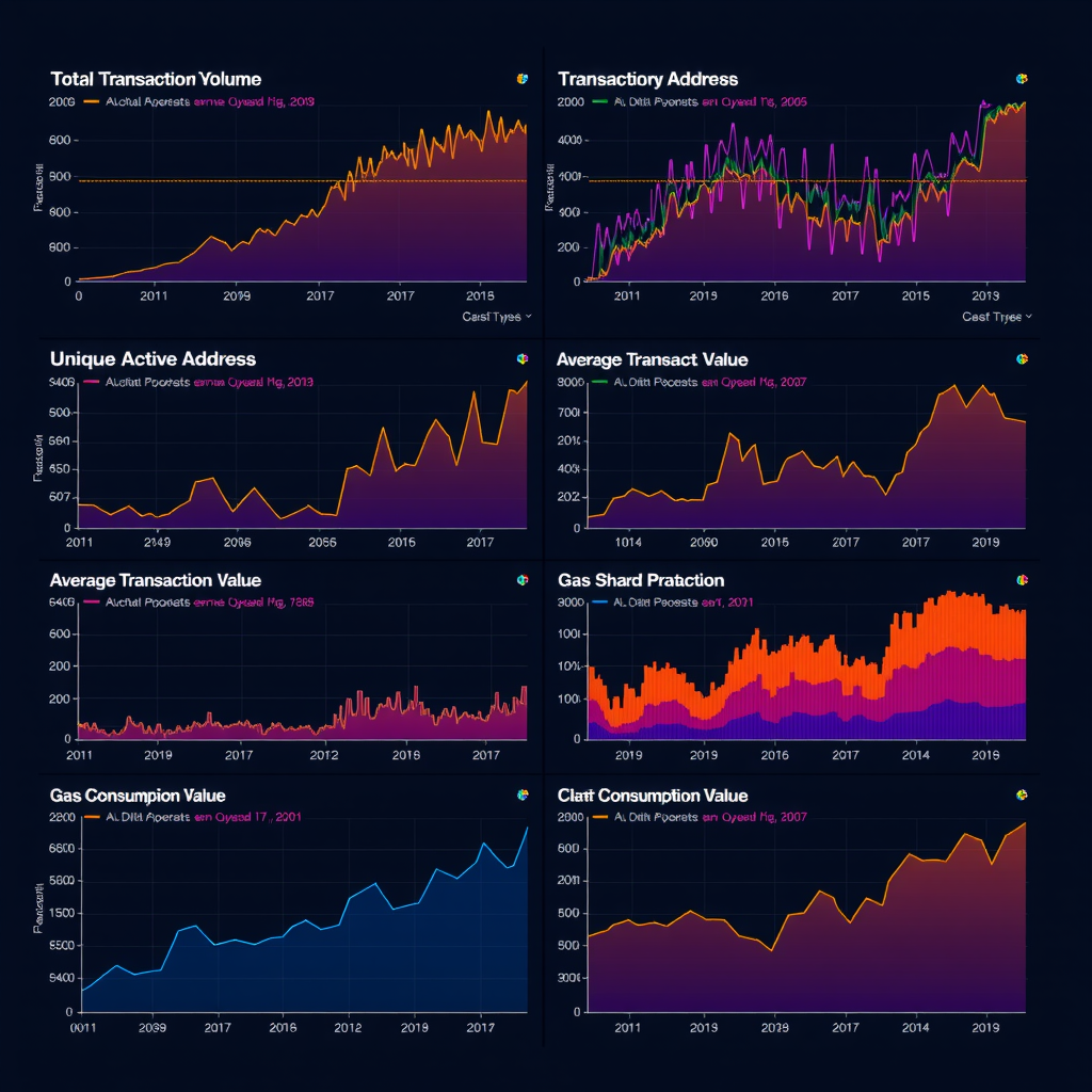 Multi-panel visualization showing transaction volume trends over time with separate graphs for total transactions, unique active addresses, average transaction value, and gas consumption patterns, featuring gradient line charts and statistical overlays