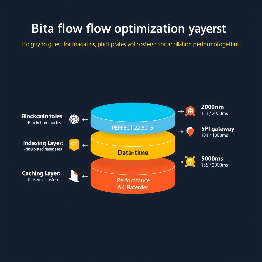 Technical diagram showing blockchain data flow optimization with multiple layers: blockchain nodes at the bottom, indexing layer in the middle with distributed databases, caching layer with Redis clusters, and API gateway at the top. Arrows indicate data flow with performance metrics showing query time reductions from 2000ms to 50ms through optimization layers.