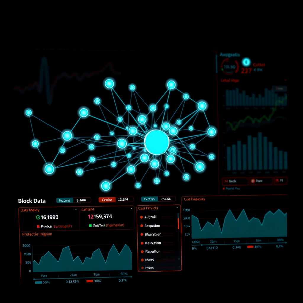 Interactive blockchain data visualization showing complex network topology with nodes and connections, transaction flow diagrams, interactive charts and graphs with vibrant teal accents on dark background