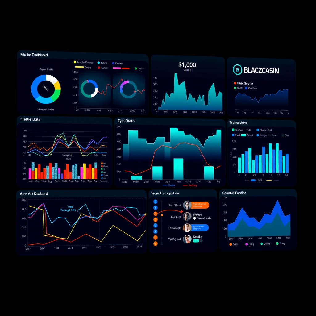 Modern interactive dashboard showing blockchain data visualization with colorful charts, network graphs, transaction flow diagrams, and analytical widgets in vibrant teal and blue gradients on dark background