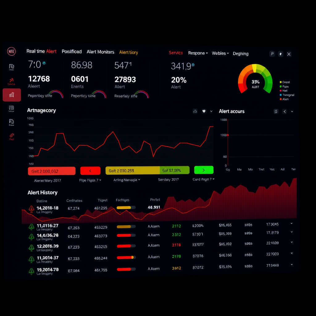 Real-time alert monitoring dashboard showing active alerts, severity levels, response times, and alert history with color-coded indicators and interactive filtering options on dark background