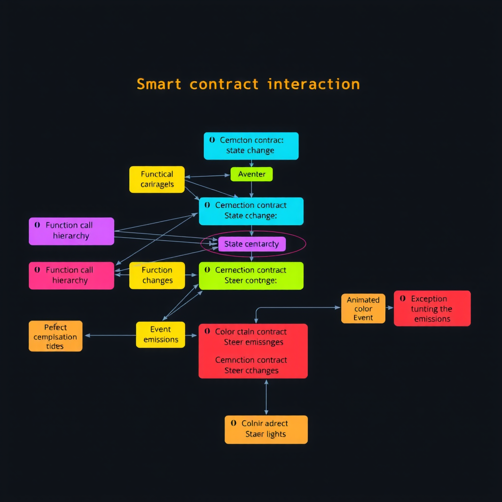 Detailed smart contract interaction visualization showing function call hierarchy, state changes, and event emissions with color-coded nodes for different contract types, animated arrows showing execution flow, and expandable sections revealing internal logic