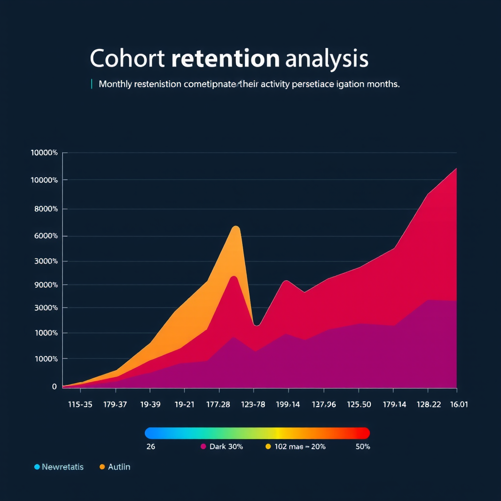 Cohort retention analysis heatmap showing user retention rates across different time periods, with color gradients from dark blue (low retention) to bright cyan (high retention), displaying monthly cohorts and their activity persistence over subsequent months