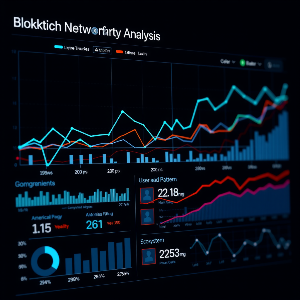 Comprehensive blockchain network activity analysis visualization showing trend lines, growth metrics, user behavior patterns, and ecosystem statistics with electric blue and teal data points on dark analytical interface