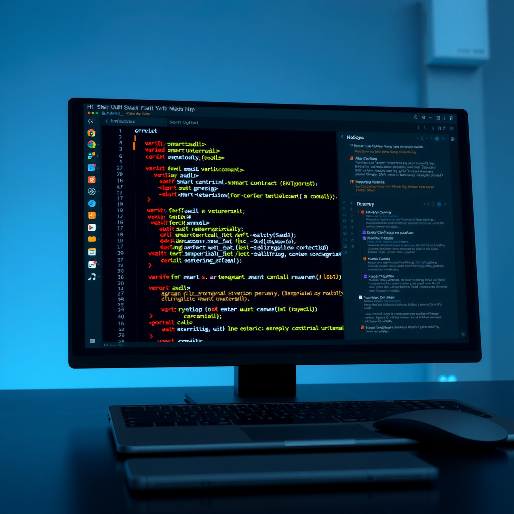 Illustration of security audit workflow showing verified smart contract code being analyzed by security tools, with vulnerability detection and audit report generation on a professional dark interface