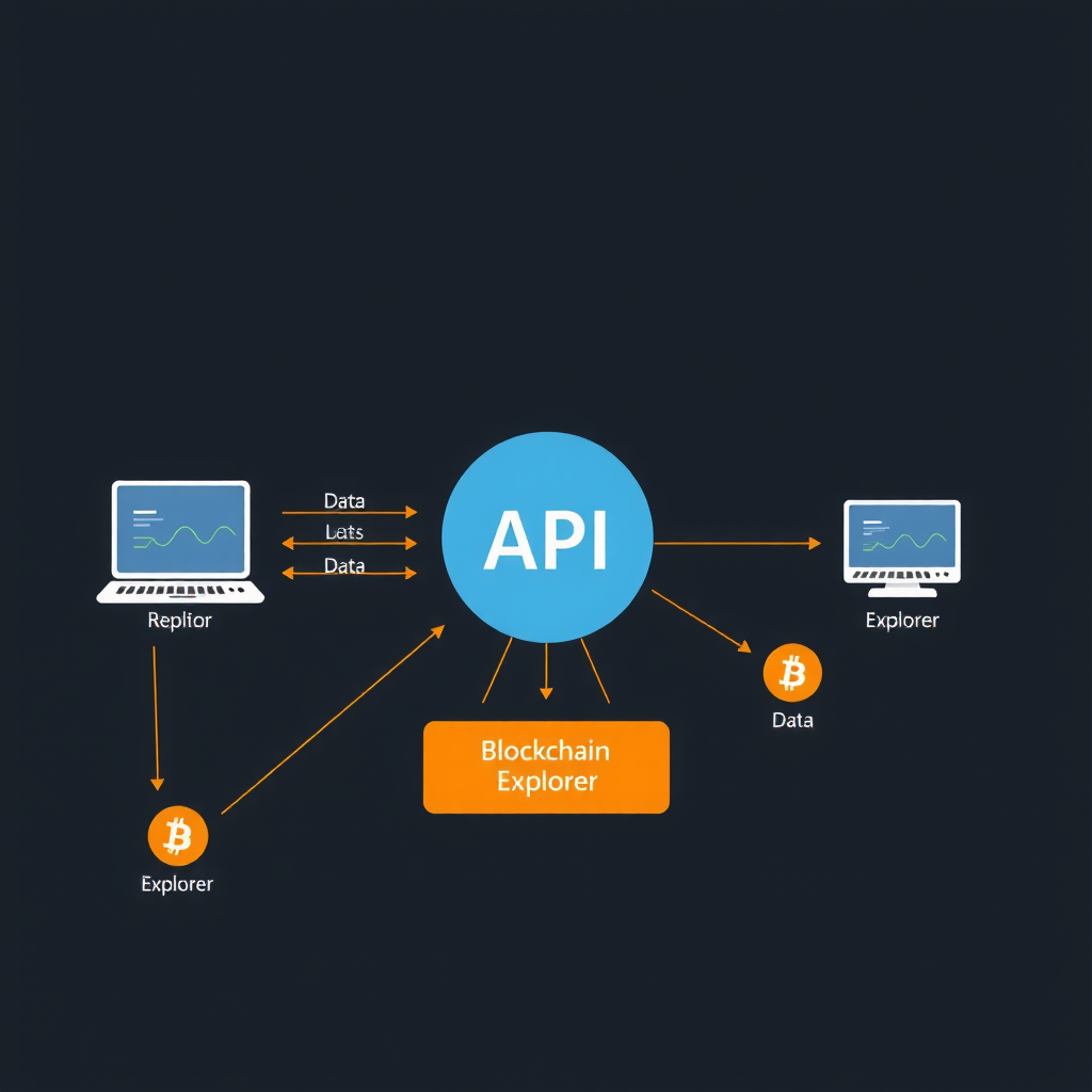 Integration diagram showing blockchain explorer API connections, data flow between monitoring systems and explorer platforms, with real-time data streams and historical data access points illustrated with connecting lines and data nodes