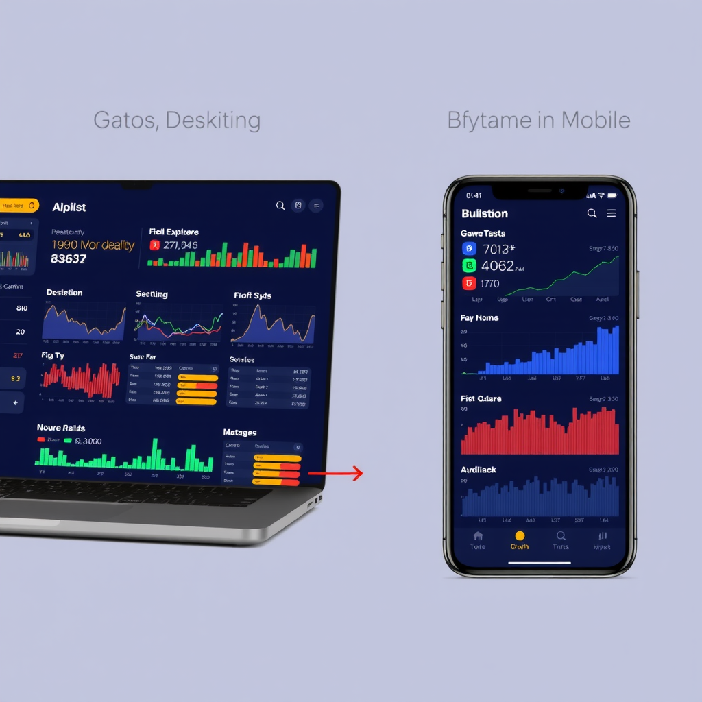 Side-by-side comparison of blockchain explorer interface on desktop and mobile devices, showing how complex data visualizations adapt to smaller screens with collapsible sections, simplified charts, and touch-optimized controls while maintaining data accessibility