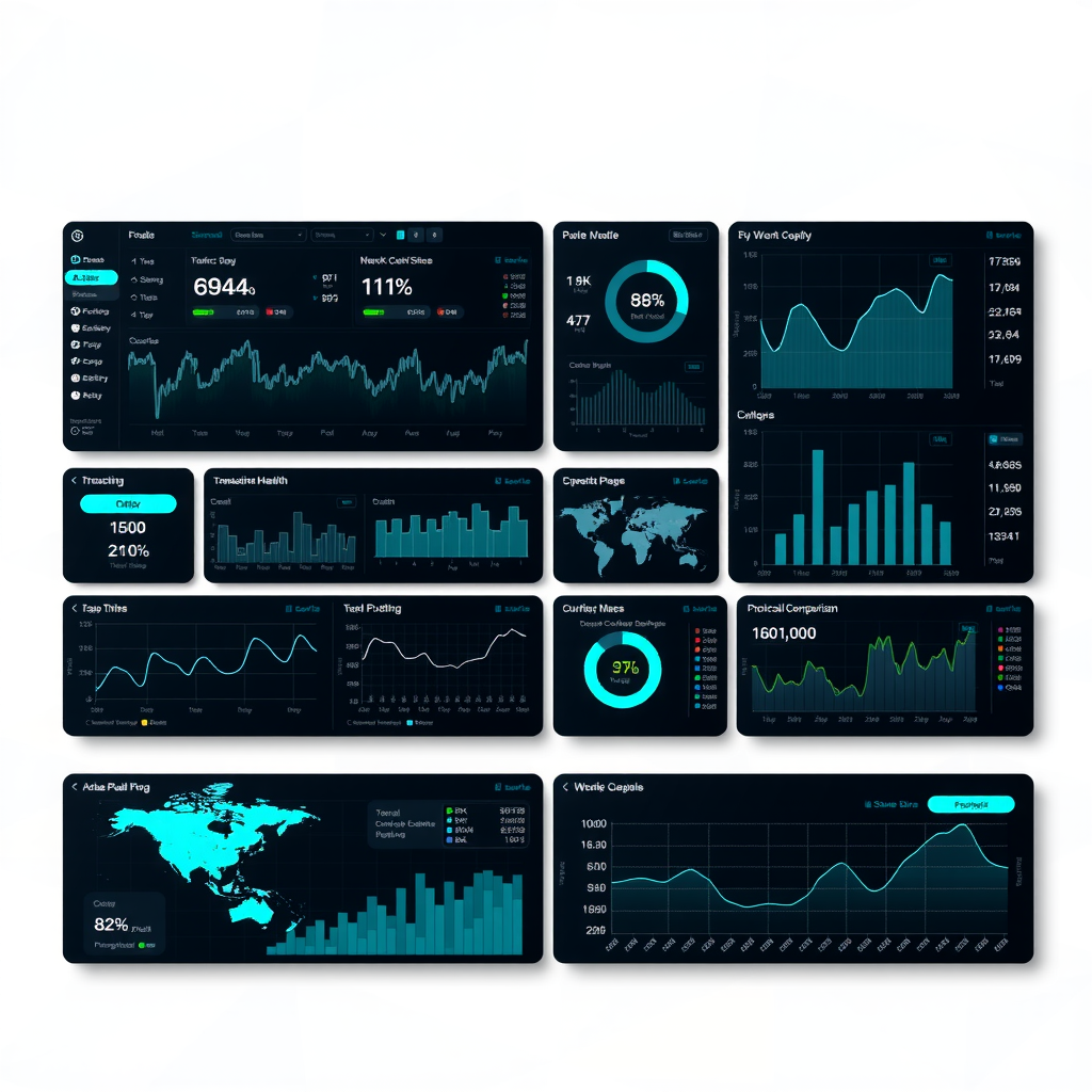 Professional blockchain analytics dashboard showing multiple data panels including real-time transaction feeds, network health indicators, protocol comparison charts, and interactive data exploration tools with dark theme and cyan accent colors
