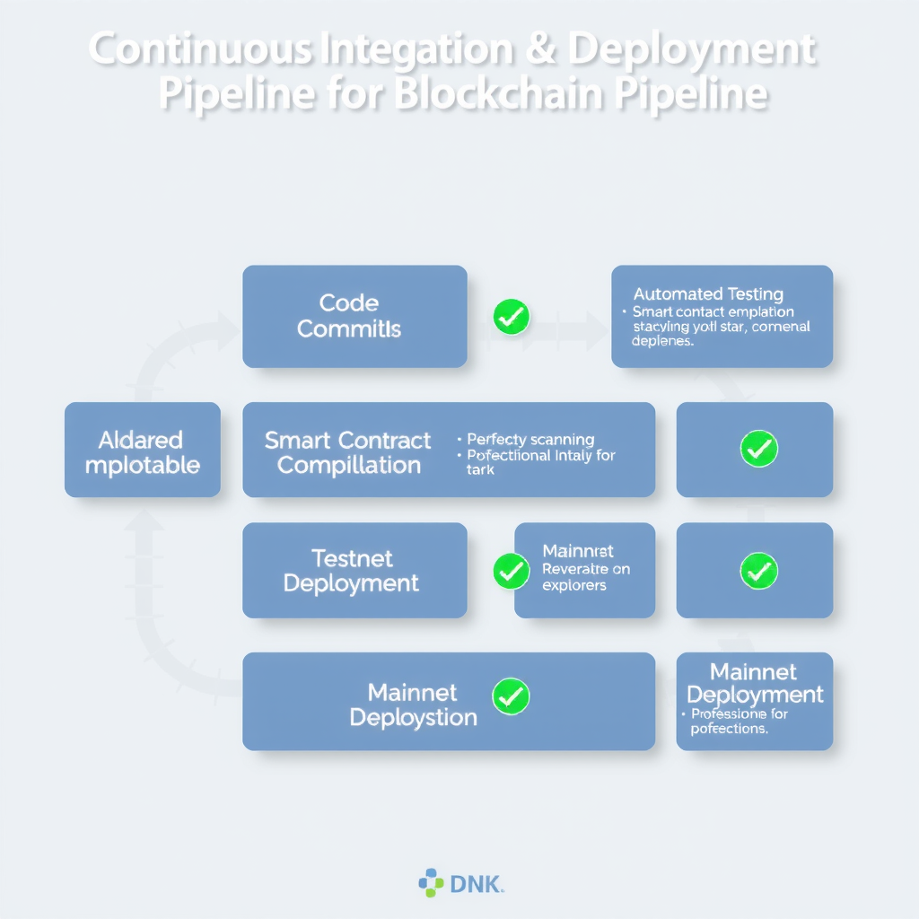 Diagram of a continuous integration and deployment pipeline for blockchain applications showing stages: code commit, automated testing with blockchain fork, smart contract compilation, security scanning, testnet deployment, verification on explorer, and mainnet deployment. Each stage is connected with arrows and includes status indicators showing successful completion with green checkmarks.