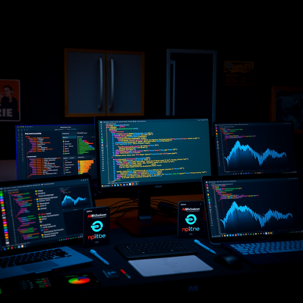 Collection of blockchain developer tools and resources including API documentation, code editors, debugging interfaces, and explorer platforms with teal and blue accent colors on dark developer workspace
