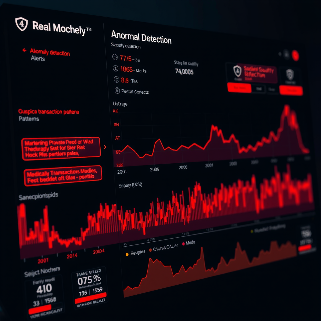 Real-time security monitoring dashboard displaying anomaly detection alerts, suspicious transaction patterns, unusual gas consumption spikes, and risk indicators with red warning highlights and detailed transaction traces on dark interface