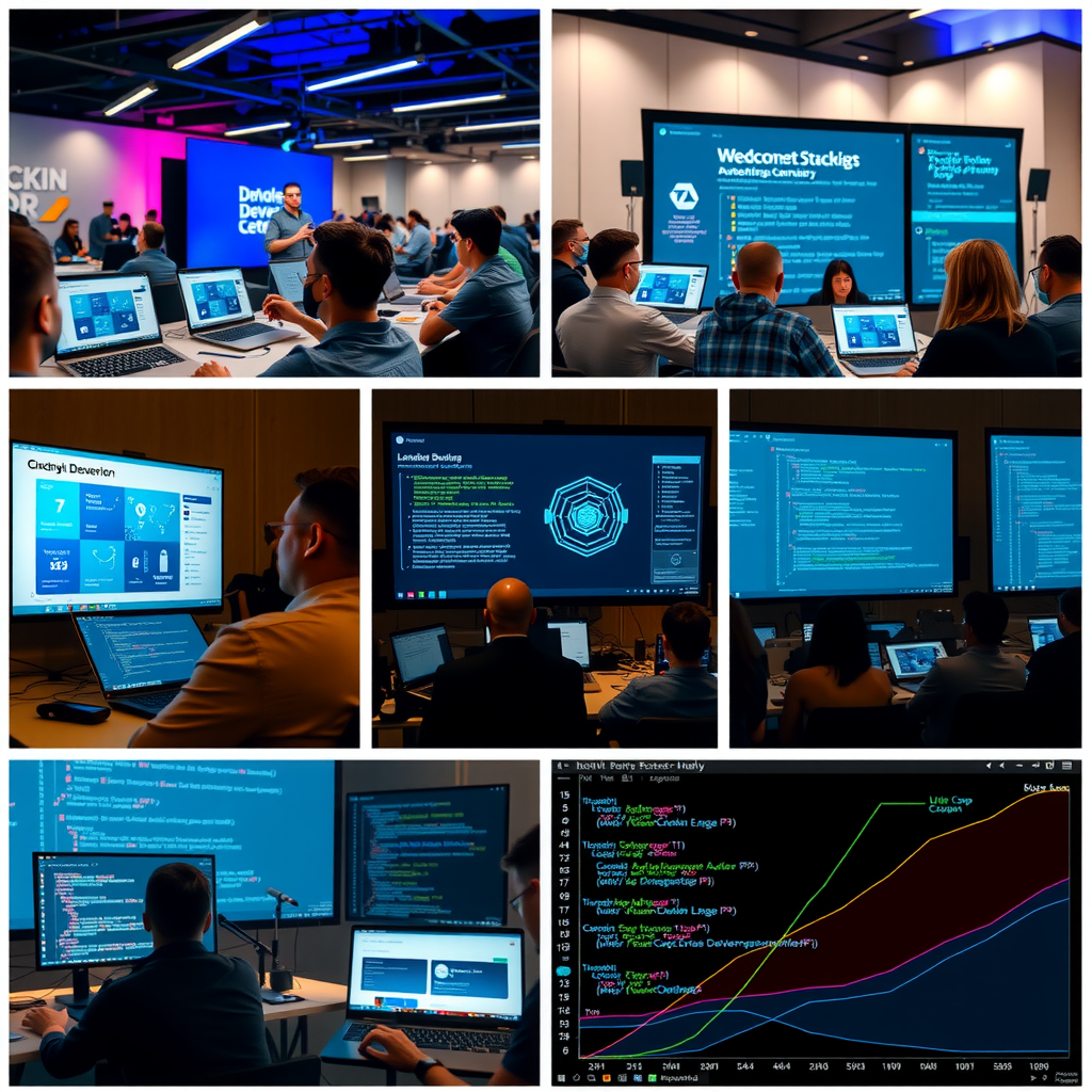 Collage showing various aspects of blockchain developer community: developers collaborating at a hackathon with laptops showing code, a conference presentation with blockchain architecture diagrams on screen, online forum discussions with code snippets, and open-source contribution graphs showing active development activity. The image conveys a vibrant, collaborative ecosystem.