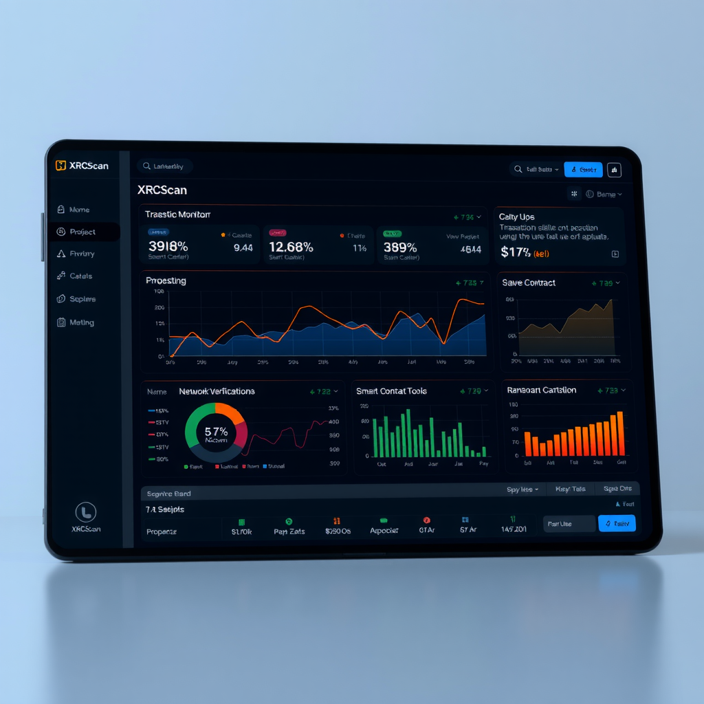 XRCScan platform interface displaying advanced blockchain analytics dashboard with transaction monitoring, smart contract verification tools, network statistics, and real-time data visualization in professional dark mode design